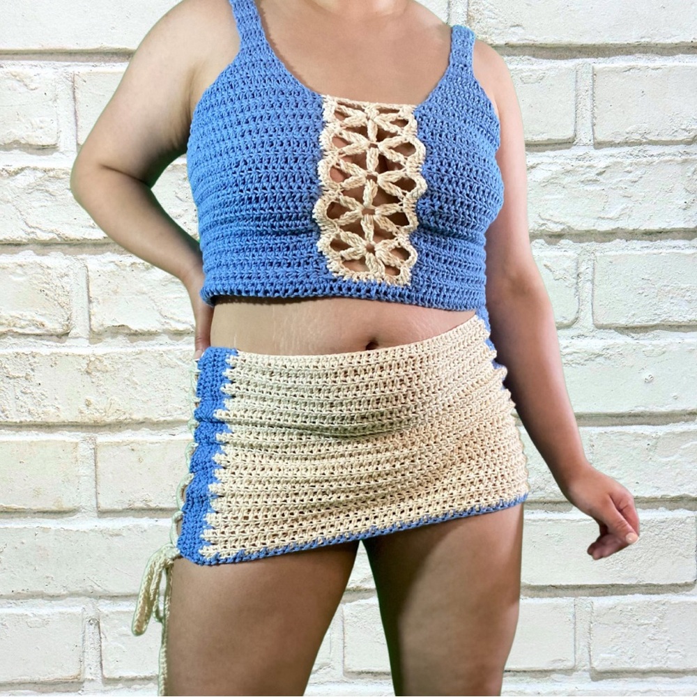 Blue and Cream Crochet Top and Skirt Set